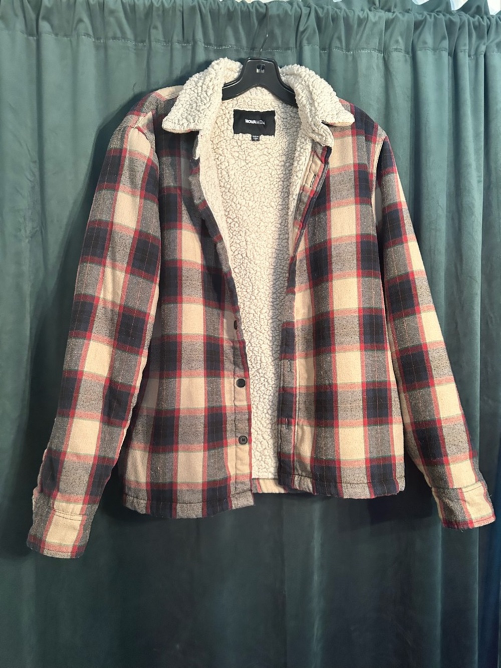 Sherpa-Lined Plaid Pea Coat - Red & Cream